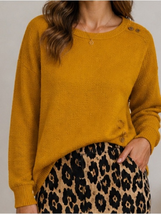 set the stage Tops - Textured Mustard Button-Hem Pullover Top